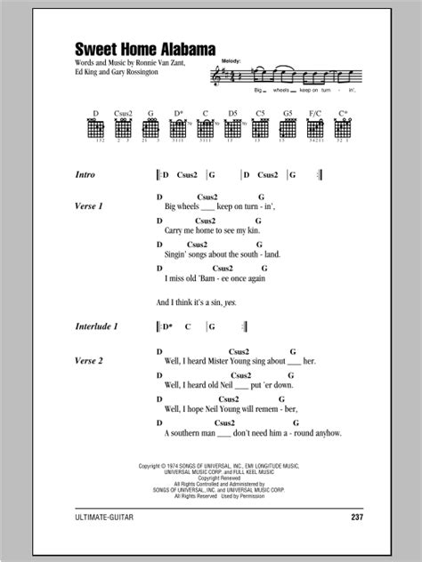 Sweet Home Alabama by Lynyrd Skynyrd - Guitar Chords/Lyrics - Guitar Instructor