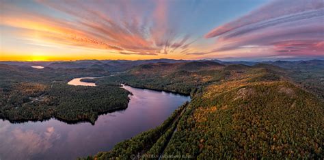 Great Sacandaga Lake from over Stewarts Bridge Resevoir late October sunset aerial panorama v3 ...