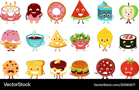 Cartoon funny food characters set cake Royalty Free Vector