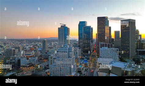 Los Angeles skyline and skyscrapers. Downtown Los Angeles aerial view, business centre of the ...