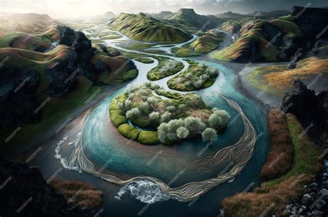 Premium AI Image | A painting of a river with mountains and trees in the background.