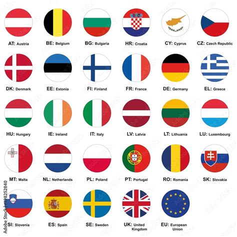 Vetor do Stock: Vector illustration. Set of european union flags with names and Country ...