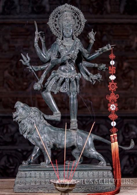 Tall Antique Green Patina 8 Armed Kali Standing on Top of Roaring Lion ...