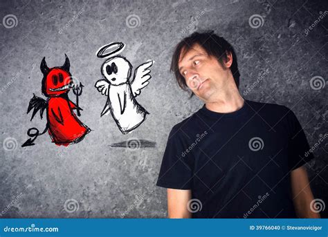 Casual Man Looking At Doodle Drawing Of Angel And Devil Fighting Stock Photo - Image: 39766040