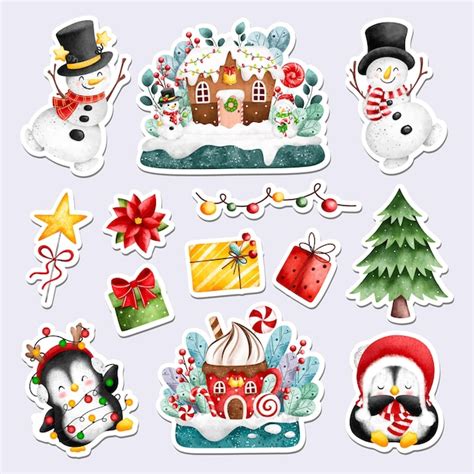 Premium Vector | Watercolor illustration printable Christmas stickers