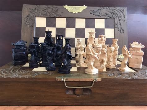 Large Asian Chess Set, Vintage Hand Carved Chess set, Carved wood chest with Drawers, Asian ...