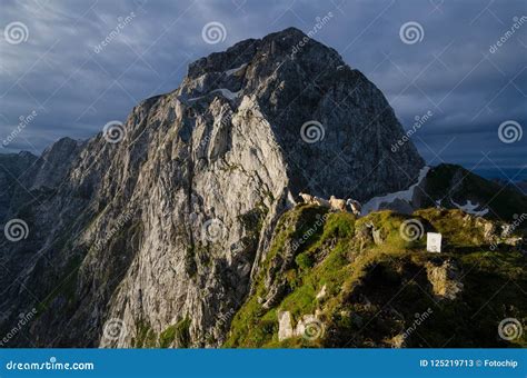 Sunrise Over Mangart Mountain with Sheeps in Foreground, Julian Alps ...