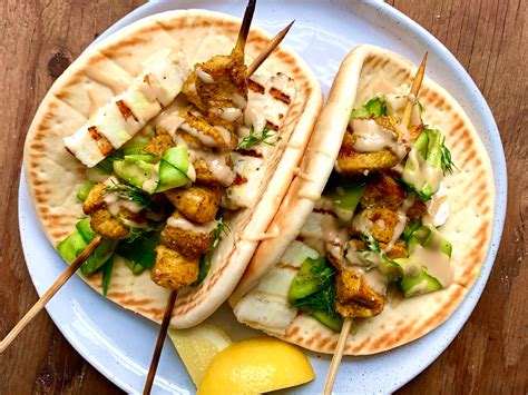 Grilled Chicken Kebabs with Pita, Halloumi and Shaved Cucumber Salad with Megan Mitchell