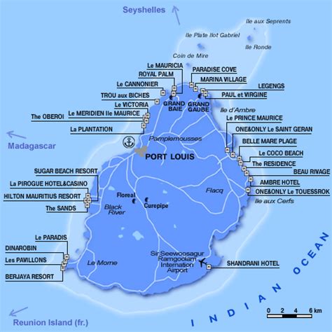 Mauritius Hotels Map - Hotels Locations Map - Mauritius Attractions