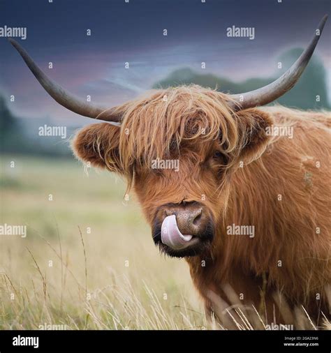 Highland cow tongue up nose hi-res stock photography and images - Alamy