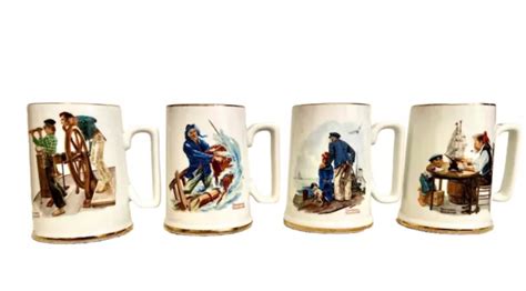 VINTAGE NORMAN ROCKWELL Museum Coffee Mugs Cups Set of 4 with Gold Trim ...