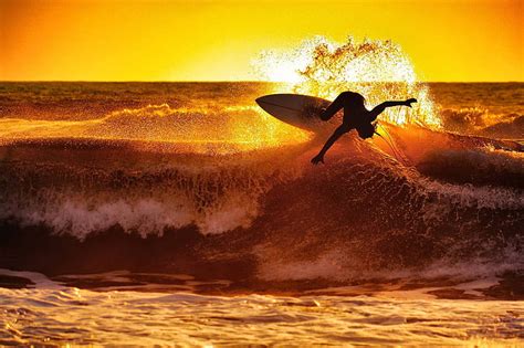 HD wallpaper: white surfboard, surfing, waves, sunset, sport, water ...