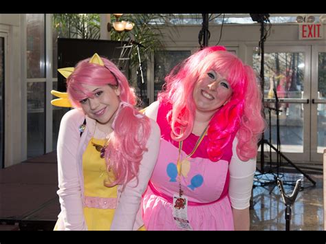 Fluttershy and Pinkie Pie Cosplay worn by members of indie pop band The Shake Ups in Ponyville ...