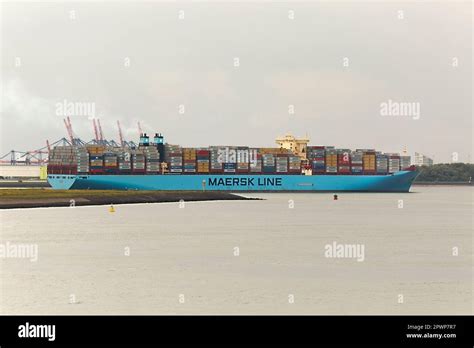 ROTTERDAM, THE NETHERLANDS - CIRCA 2017: Maersk Triple E class container ship leving the Port of ...