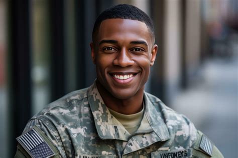 A young black man in a military uniform is smiling and posing for a ...