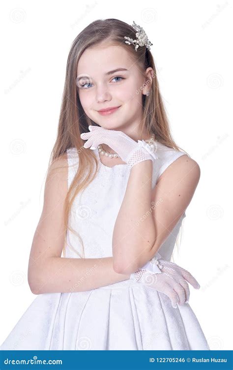 Happy Little Girl in Beautiful White Dress Posing Stock Photo - Image of active, leisure: 122705246