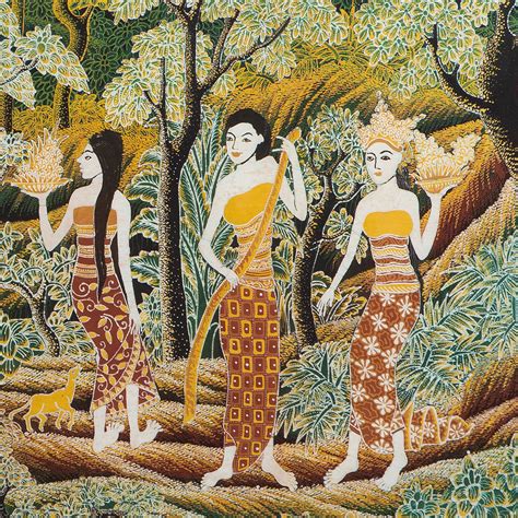 Unique Cotton Batik Painting of Bali's Jaka Tarub Legend - Seven Angels | NOVICA