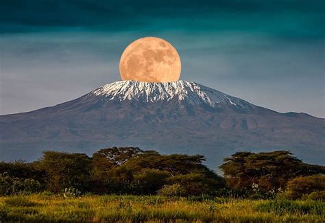 the full moon is setting on top of a mountain in africa, with trees and ...