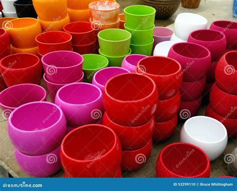 Colorful Plastic Flower Pots Stock Photo - Image of round, garden: 53299110