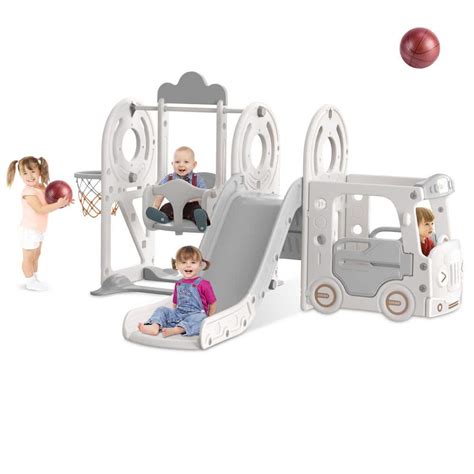 SEEUTEK Nylene 7 ft. Beige Gray Toddler Slide Indoor Outdoor Backyard Playground Baby Slide Toy ...