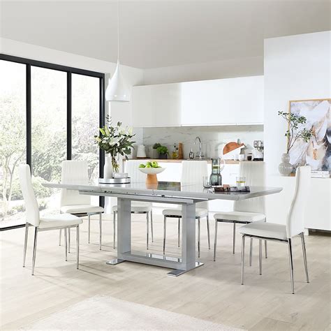 Tokyo Extending Dining Table & 4 Leon Chairs, Grey High Gloss, White Classic Faux Leather ...