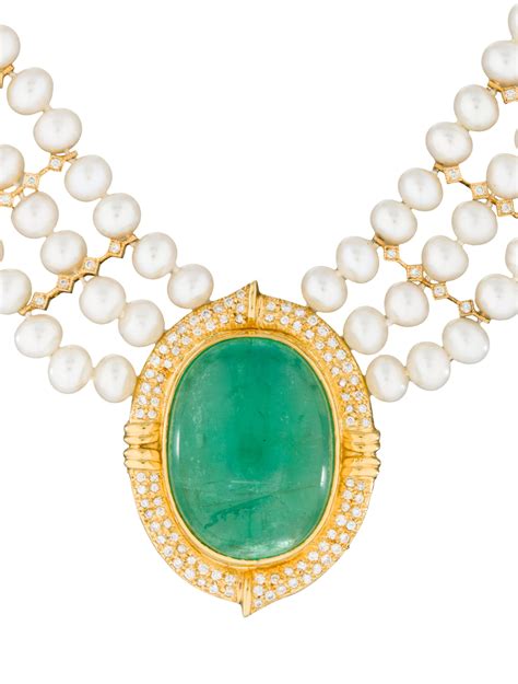 Emerald, Diamond & Multi-Strand Pearl Necklace - Necklaces - FJN25411 | The RealReal