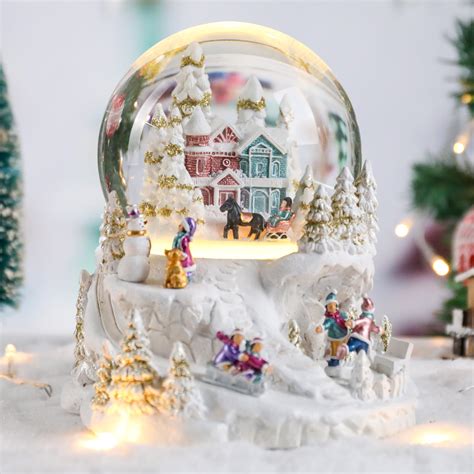 Christmas Village Snow Globe Musical Lighted Decoration Santa Reindeer Sled Battery Operated ...