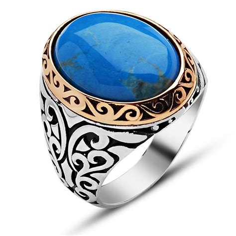 Oval Feroza Stone Silver Ring - Boutique Ottoman Jewelry Store