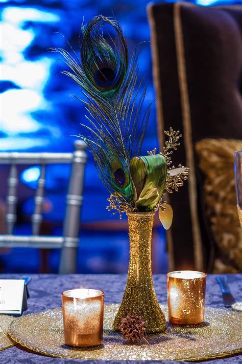 Peacock Feather with Gold Vase Centerpiece