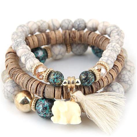 Women Fashion Wood Beads Bracelets Boho Small Elephant Charm Bracelets ...