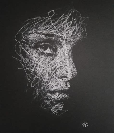 a black and white drawing of a man's face with lines coming out of his eyes