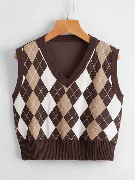 Argyle Pattern Sweater Vest - Coffee Brown Casual Collar Fabric