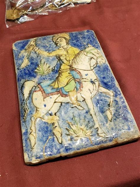 Antique Persian Qajar Dynasty Polychrome Arab And The Falconer Iznik Tile 19th | #1980527633