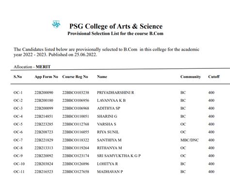 PSG College Arts & Science B.com Selection List For 2022-23 PDF ...