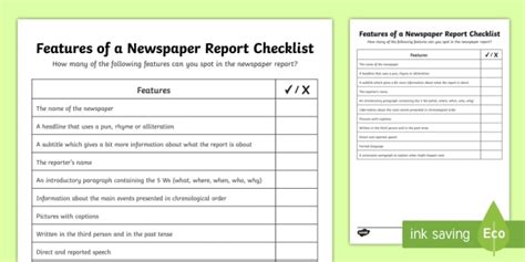 Features of a Newspaper article Checklist - Twinkl