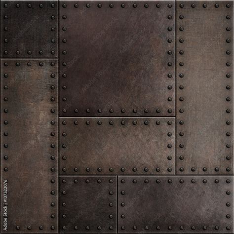 Dark rusty metal plates with rivets seamless background or texture ...