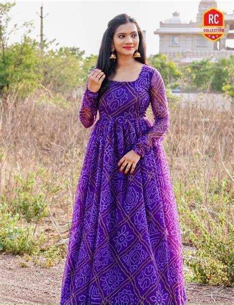 Stylish Georgette Purple Bandhani Print Long Sleeves Square Neck Dress at Rs 820.00 | Long Gowns ...