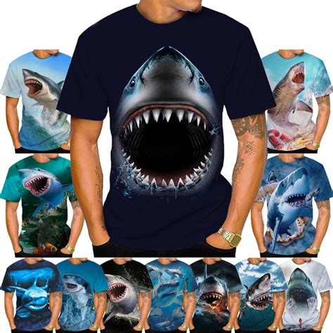 Newest Shark 3D Cool T-shirt Blue Shark Great White Shark Round Neck ...