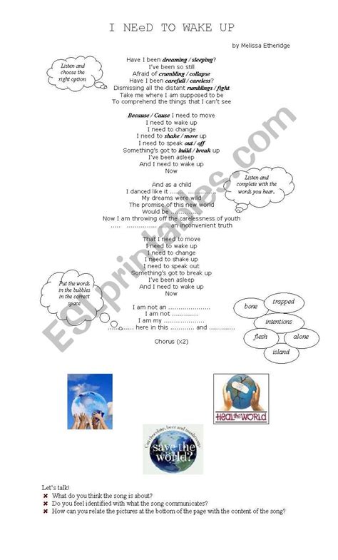 I Need To Wake Up - Song - ESL worksheet by Mariana Romero