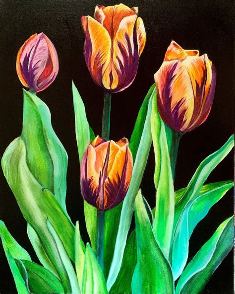 Dancing Tulips : acrylic painting of beautiful purple orange tulips on stretched canvas Painting ...