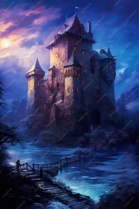 Premium AI Image | A painting of a castle in the night sky.