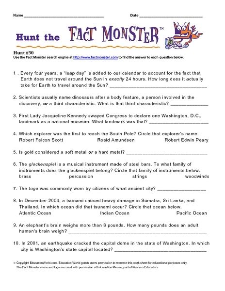 Hunt the Fact Monster #30 Worksheet for 3rd Grade | Lesson Planet