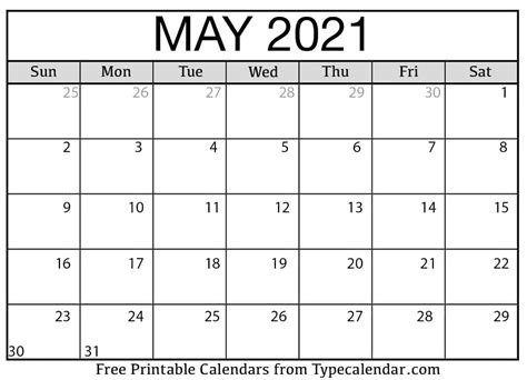 Free Printable May 2021 Calendars