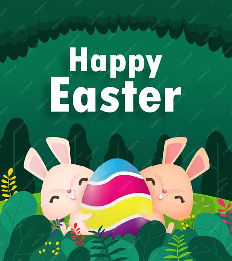 Premium Vector | Happy easter eggs poster little rabbit bunny cartoon with greeting card easter ...