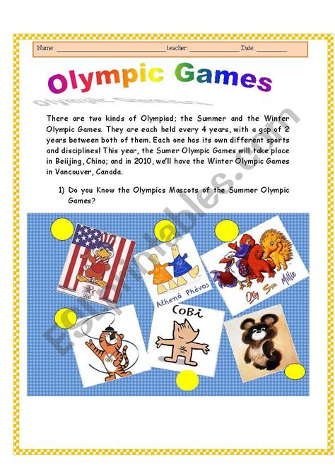 Olympic Games - Activities - ESL worksheet by Melly Poulain