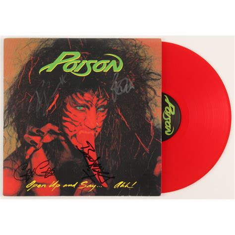 Poison "Open Up and Say... Ahh!" Vinyl Record Album Cover Band-Signed by (4) with Bret Michaels ...