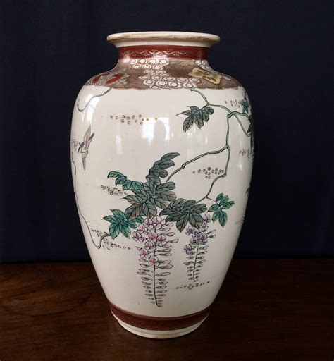 Japanese pottery satsuma vase, wisteria & birds, c.1890 | Moorabool Antiques Galleries