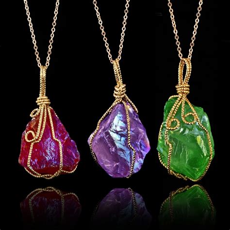 1PCS Fashion Unique Handmade Irregular Wire Wrapped Pendants Necklaces for Women Men Color Stone ...