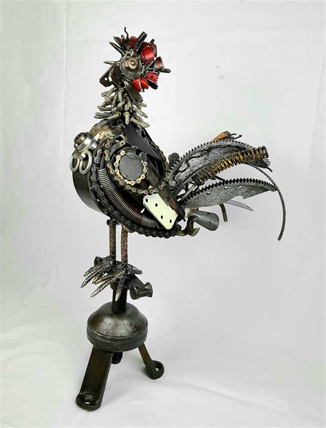 Reclaimed Scrap Metal Sculpture Art perched Crowing Rooster - Etsy