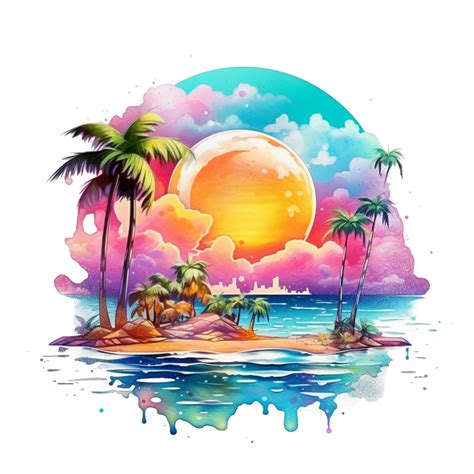 Colorful Watercolor Beach Sunset sublimation for t shirt design. 24105223 PNG